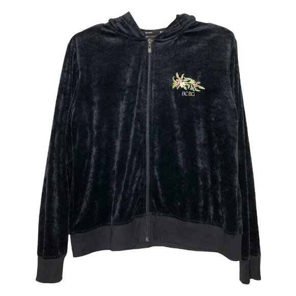 BCBGMAXAZRIA Black Velour Full-Zip Hoodie Embroidered Floral Peacock - Size 2X - Picture 1 of 8